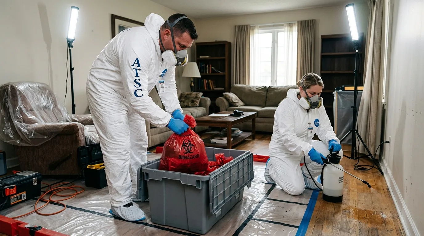 Professional Hazmat Cleanup technician in full PPE working in Grosse Pointe